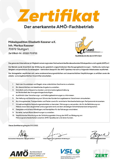 Zertifikat 2022 - Anerkannter Fachbetrieb Spedition E. Kassner