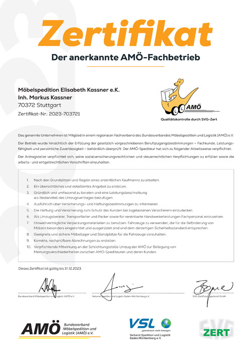 Zertifikat 2023 - Anerkannter Fachbetrieb Spedition E. Kassner