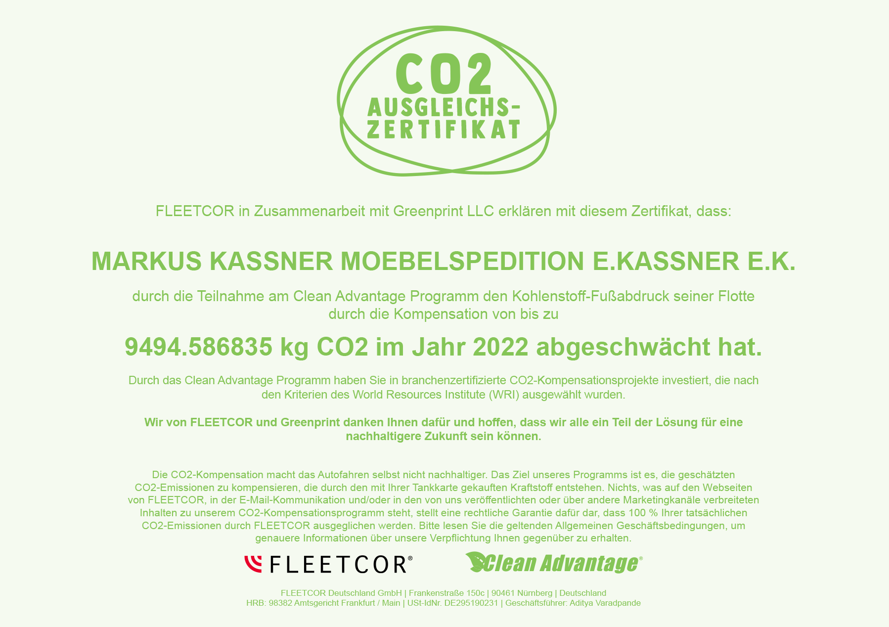 CO2 Ausgleichszertifikat 2022 - Möbelspedition Kassner