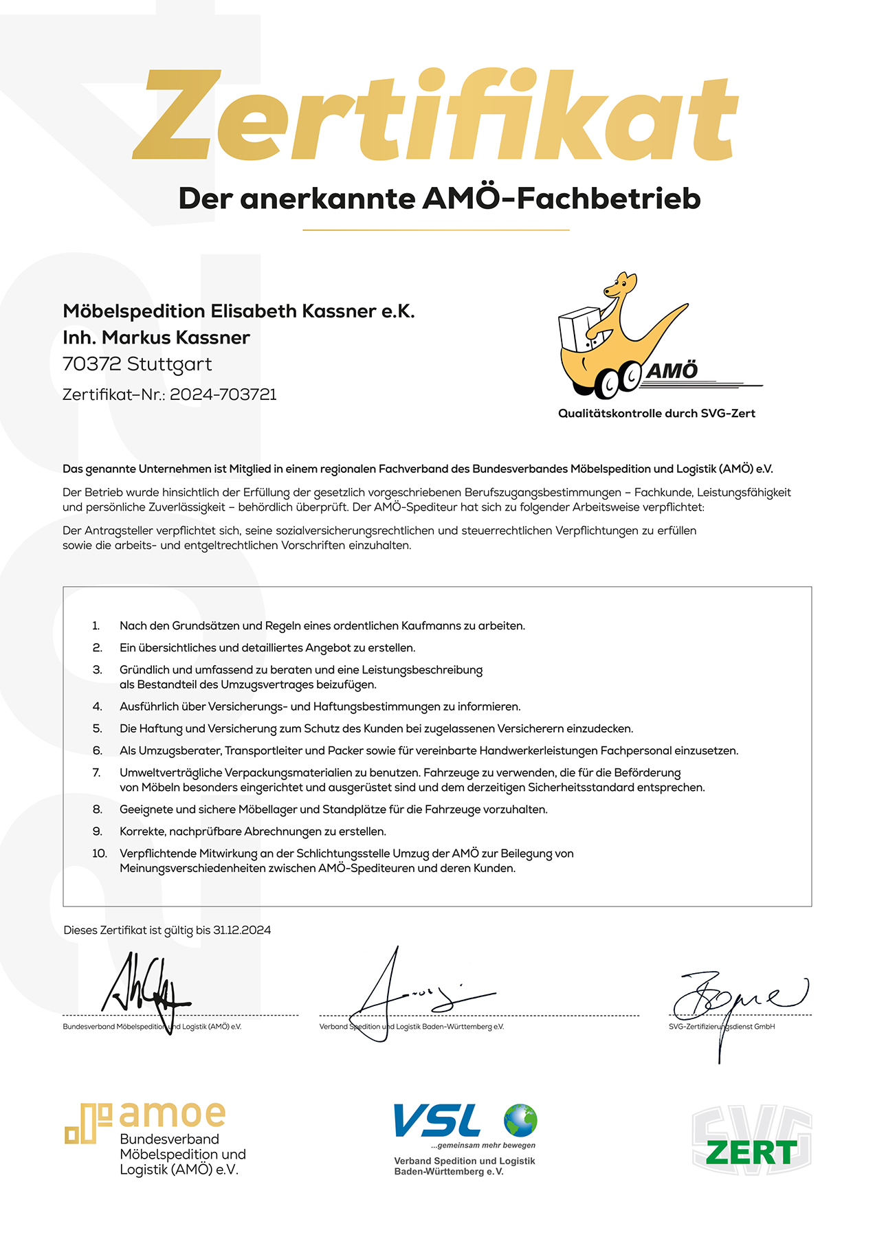 Zertifikat 2023 - Anerkannter Fachbetrieb Spedition E. Kassner